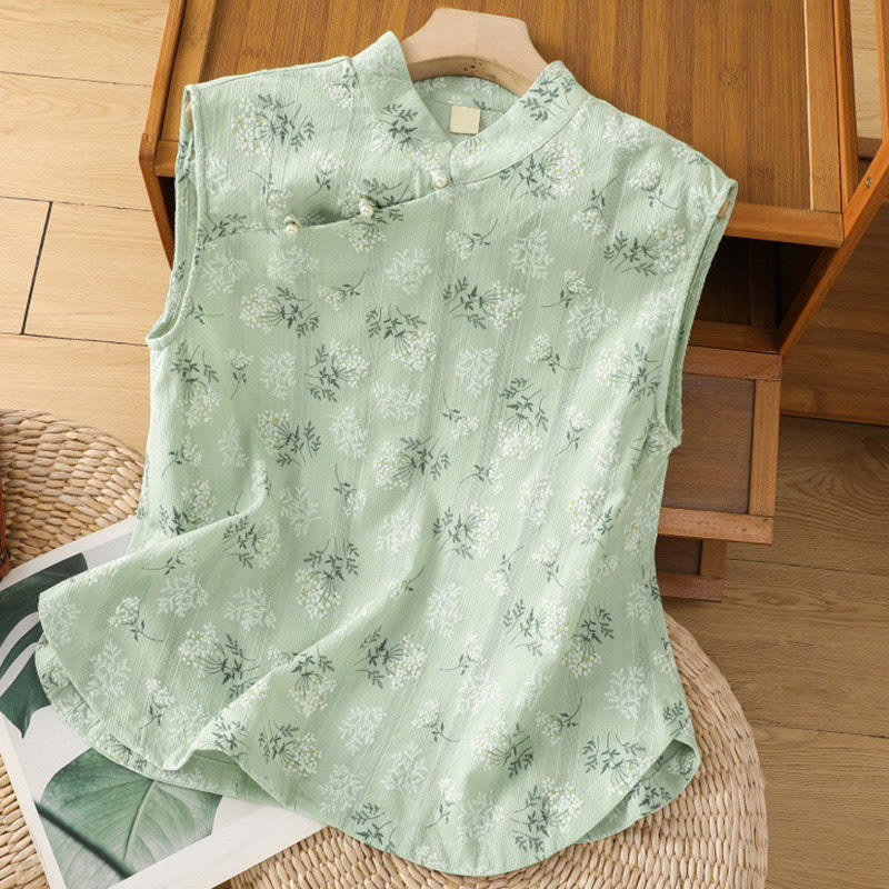 Buddha Stones Retro Printing Floral Plant Pattern Chinese Frog-Button Design Women's Cotton Sleeveless Vest - PaleGreen - US8-10，UK/AU12-14，EU40-42 (2XL) - image 17