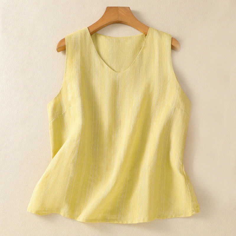 Buddha Stones Vintage Summer Solid Color Simple Design V-Neck Women's Cotton Sleeveless Vest - Khaki - US8-10，UK/AU12-14，EU40-42 (2XL) - image 0