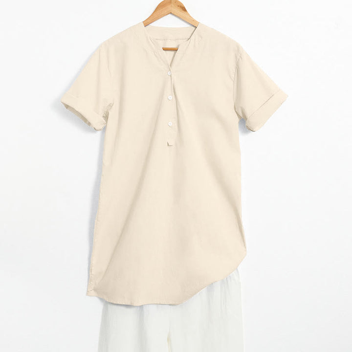 Buddha Stones Casual Plain Button Notched Collar Women's Short Sleeve Shirt - Beige - US20，UK/AU24，EU52 (5XL) - image 40