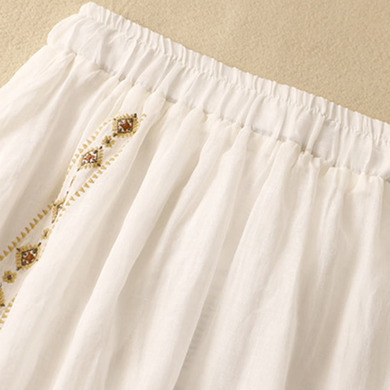 Buddha Stones Ethnic Vintage Embroidery Button Design Women's Cotton Linen 7-8 Length Skirt - image 7