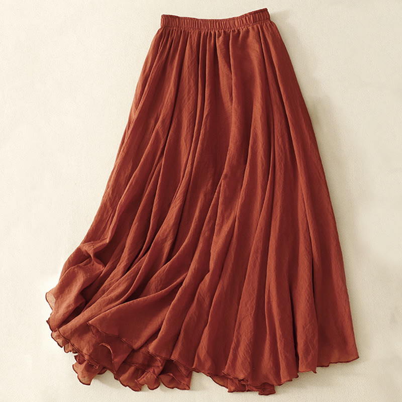 Buddha Stones Spring Casual Solid Color Pleated Women's Cotton Linen 7-8 Length Ruffle Skirt - FireBrick - US8-10，UK/AU12-14，EU40-42 (2XL) - image 11
