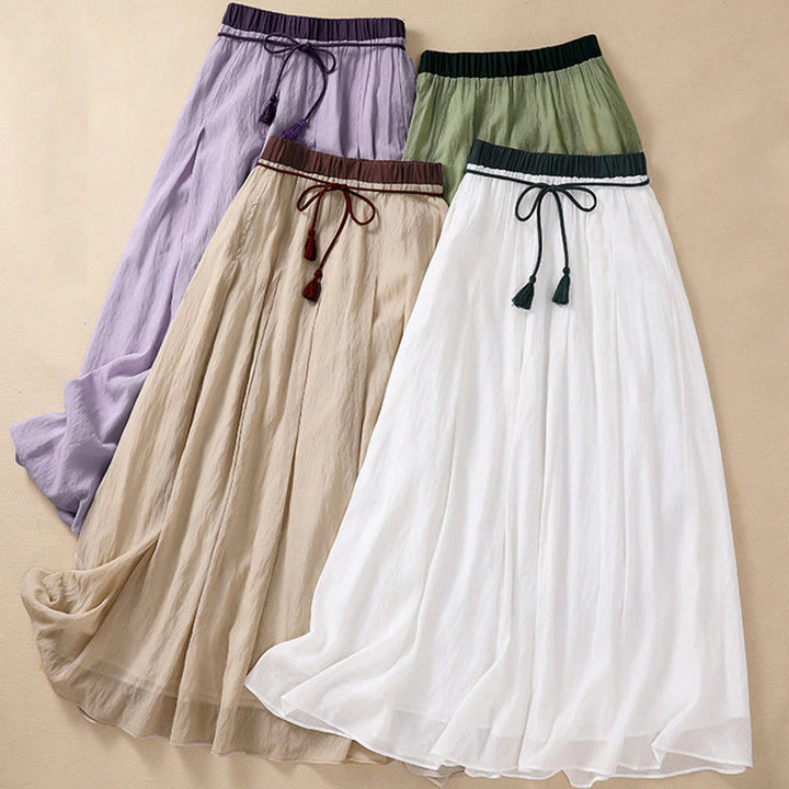 Buddha Stones Casual Contrasting Color Pleated Lace-Up Design Women's Cotton Linen 7-8 Length Skirt - image 34