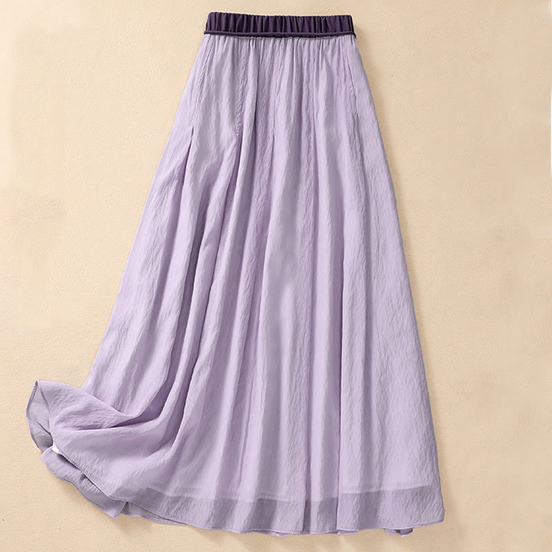 Buddha Stones Casual Contrasting Color Pleated Lace-Up Design Women's Cotton Linen 7-8 Length Skirt - image 17