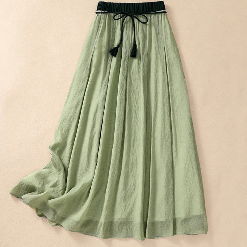 Buddha Stones Casual Contrasting Color Pleated Lace-Up Design Women's 7-8 Length Skirt - image 23