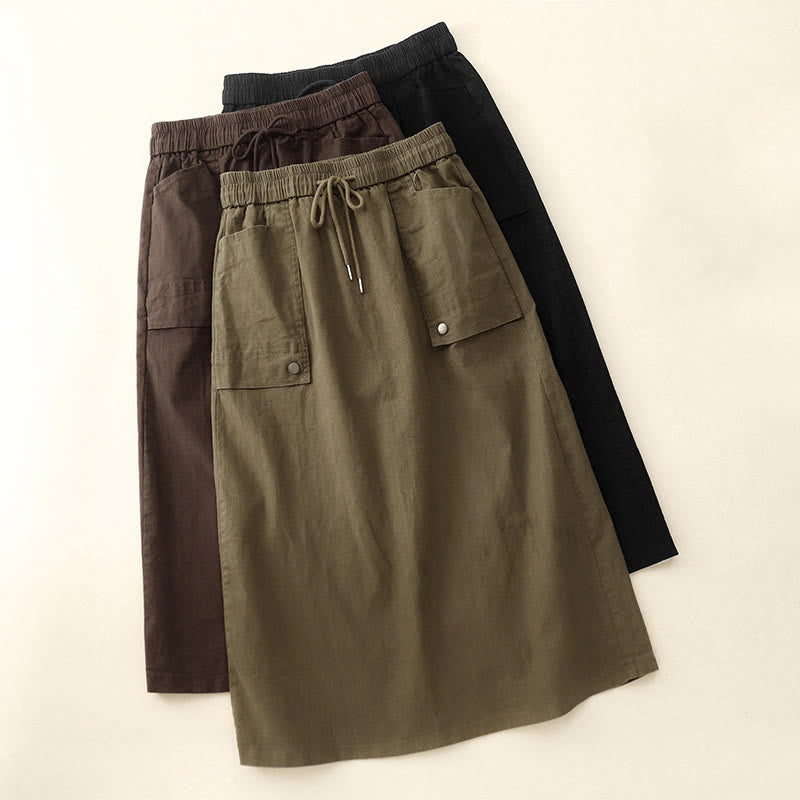 Buddha Stones Vintage Plain Drawstring Button Design Slide Slite Women's Cotton Linen 7-8 Length Skirt With Pockets - image 15