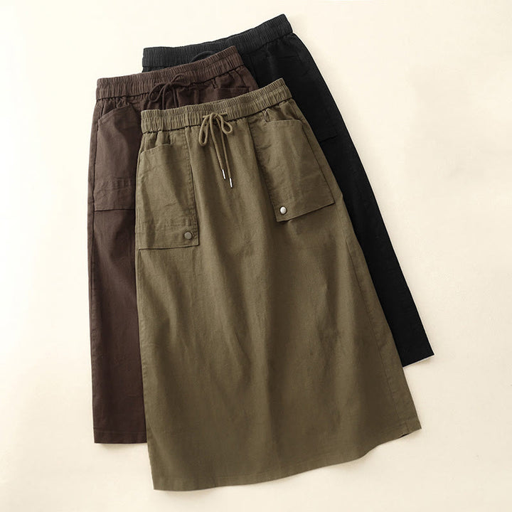 Buddha Stones Vintage Plain Drawstring Button Design Slide Slite Women's Cotton Linen 7-8 Length Skirt With Pockets - image 15