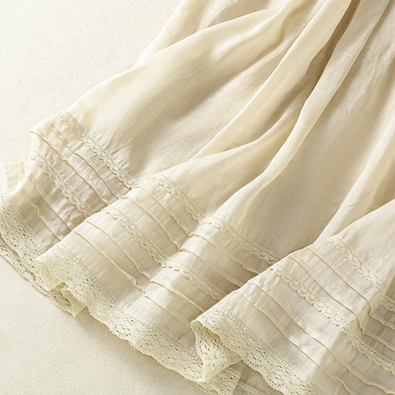 Buddha Stones Summer Plain Drawstring Lace Patchwork Design Women's Cotton Linen 7-8 Length Skirt