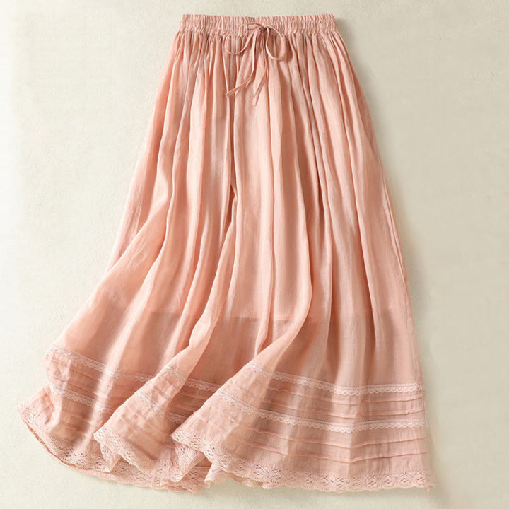 Buddha Stones Summer Plain Drawstring Lace Patchwork Design Women's Cotton Linen 7-8 Length Skirt