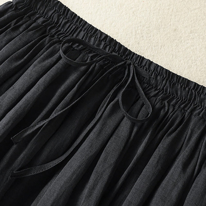 Buddha Stones Summer Plain Drawstring Lace Patchwork Design Women's Cotton Linen 7-8 Length Skirt