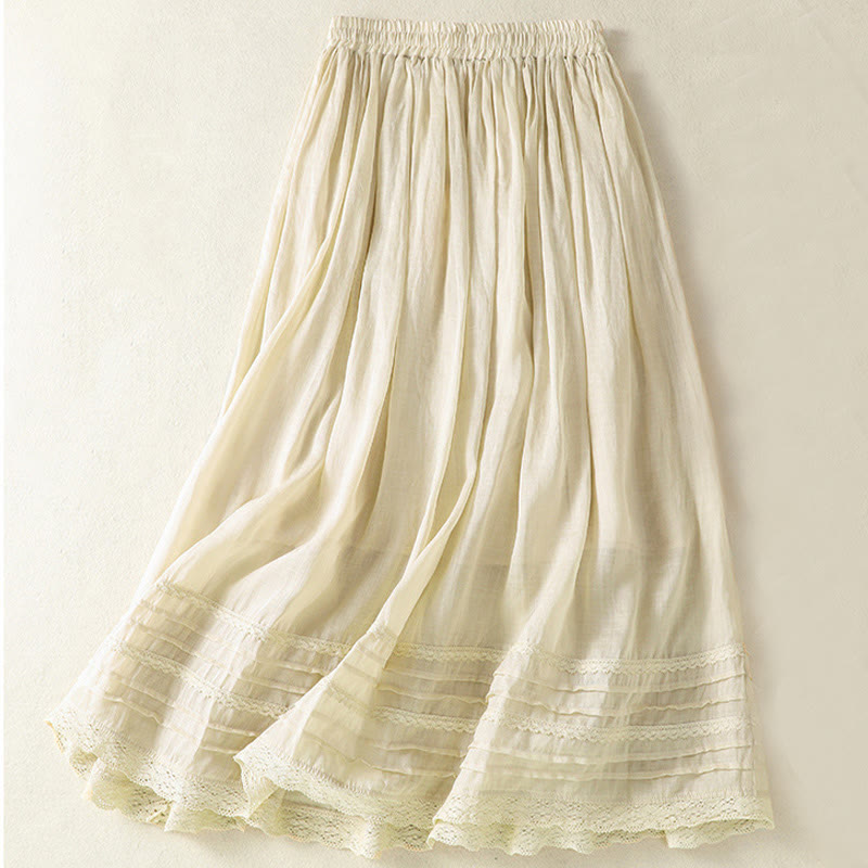 Buddha Stones Summer Plain Drawstring Lace Patchwork Design Women's Cotton Linen 7-8 Length Skirt