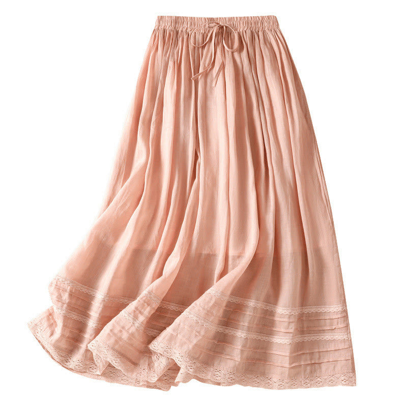 Buddha Stones Summer Plain Drawstring Lace Patchwork Design Women's Cotton Linen 7-8 Length Skirt