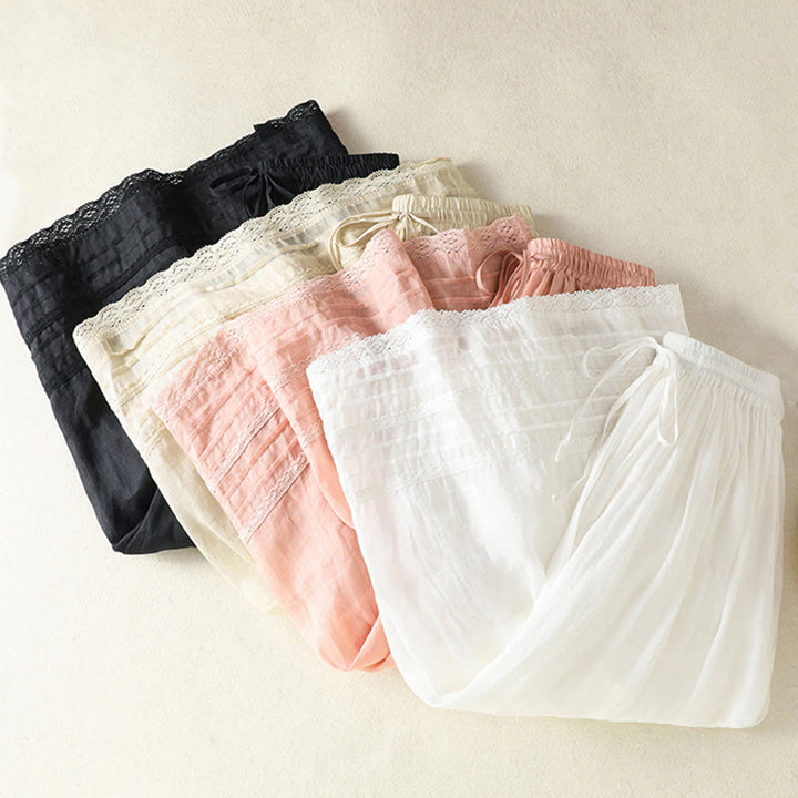 Buddha Stones Summer Plain Drawstring Lace Patchwork Design Women's Cotton Linen 7-8 Length Skirt