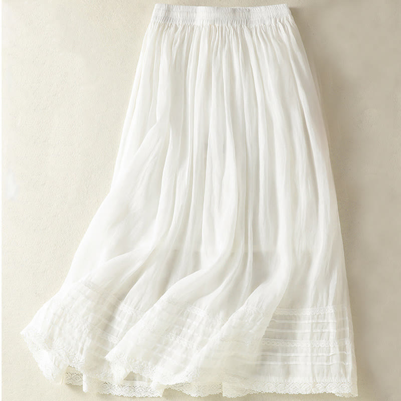 Buddha Stones Summer Plain Drawstring Lace Patchwork Design Women's Cotton Linen 7-8 Length Skirt
