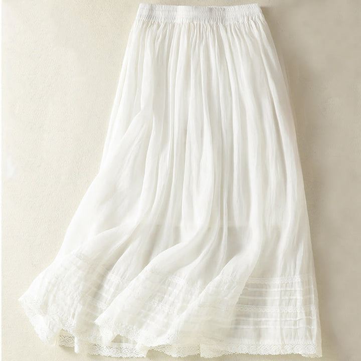 Buddha Stones Summer Plain Drawstring Lace Patchwork Design Women's Cotton Linen 7-8 Length Skirt
