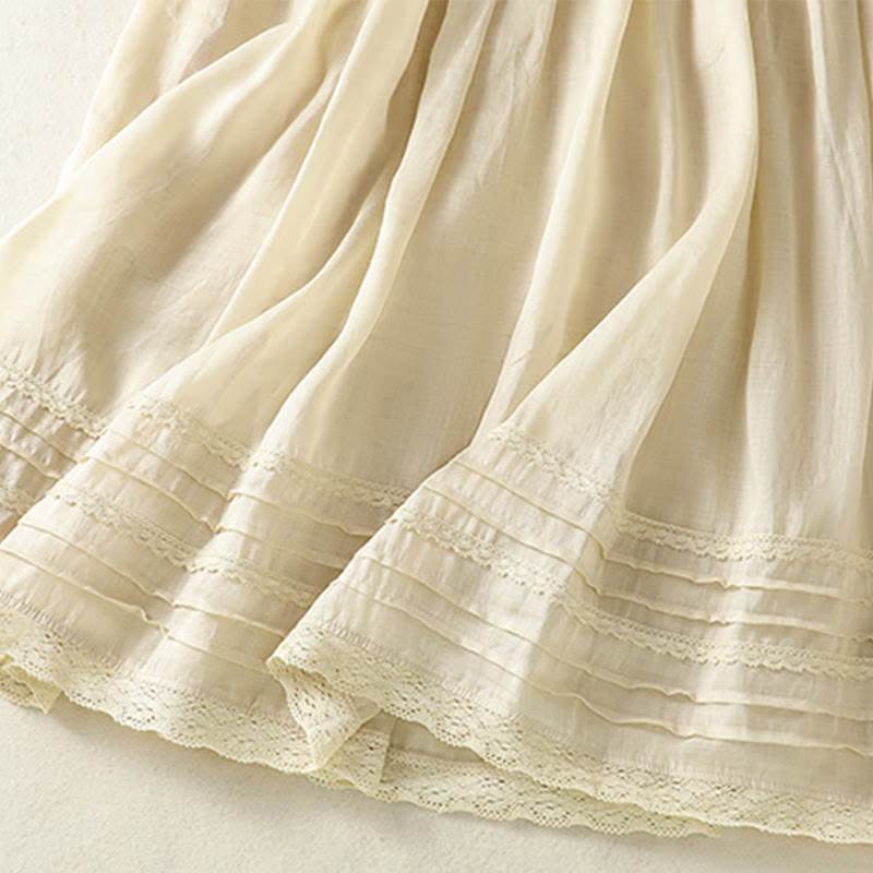 Buddha Stones Summer Plain Drawstring Lace Patchwork Design Women's Cotton Linen 7-8 Length Skirt