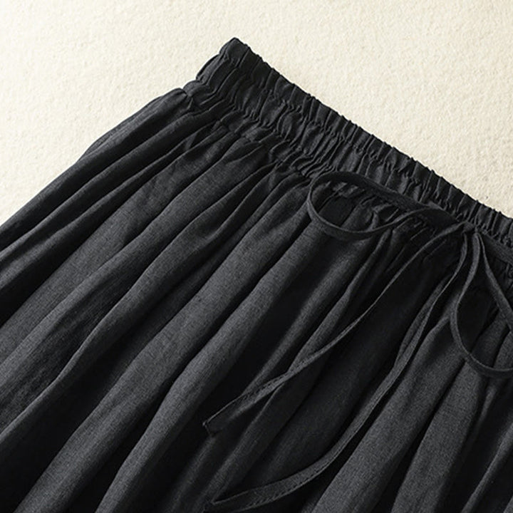 Buddha Stones Summer Plain Drawstring Lace Patchwork Design Women's Cotton Linen 7-8 Length Skirt