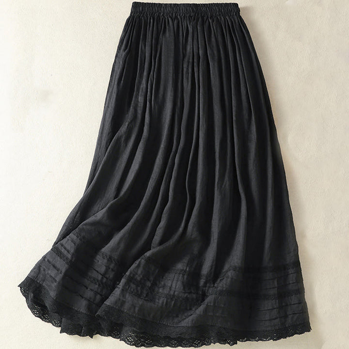 Buddha Stones Summer Plain Drawstring Lace Patchwork Design Women's Cotton Linen 7-8 Length Skirt
