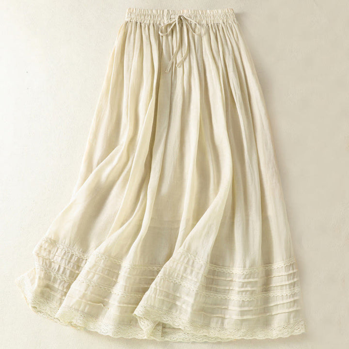 Buddha Stones Summer Plain Drawstring Lace Patchwork Design Women's Cotton Linen 7-8 Length Skirt