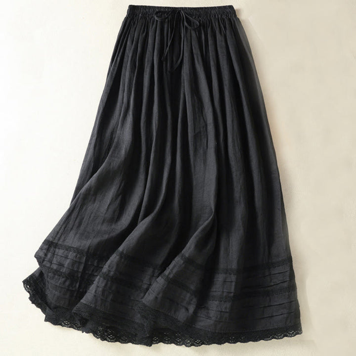 Buddha Stones Summer Plain Drawstring Lace Patchwork Design Women's Cotton Linen 7-8 Length Skirt
