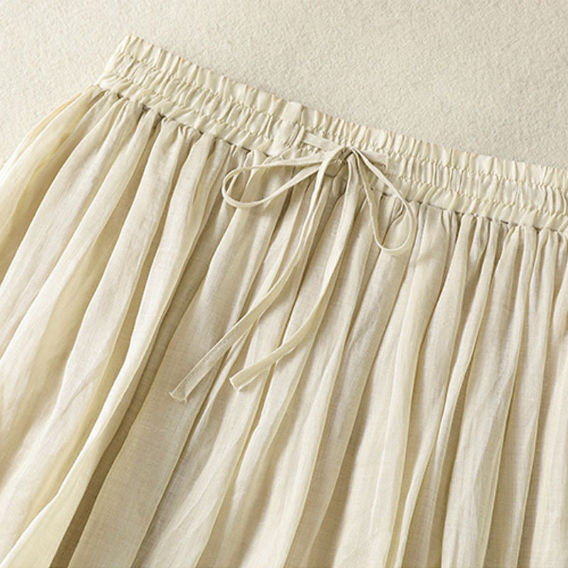 Buddha Stones Summer Plain Drawstring Lace Patchwork Design Women's Cotton Linen 7-8 Length Skirt