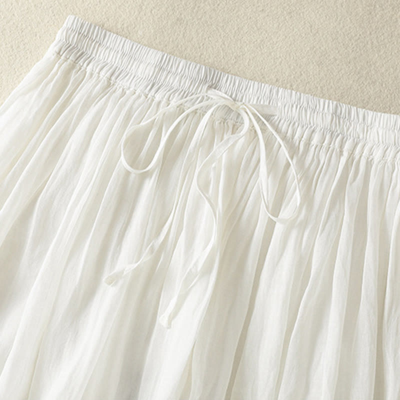 Buddha Stones Summer Plain Drawstring Lace Patchwork Design Women's Cotton Linen 7-8 Length Skirt