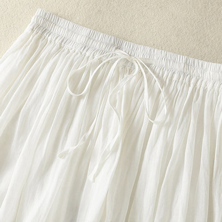 Buddha Stones Summer Plain Drawstring Lace Patchwork Design Women's Cotton Linen 7-8 Length Skirt