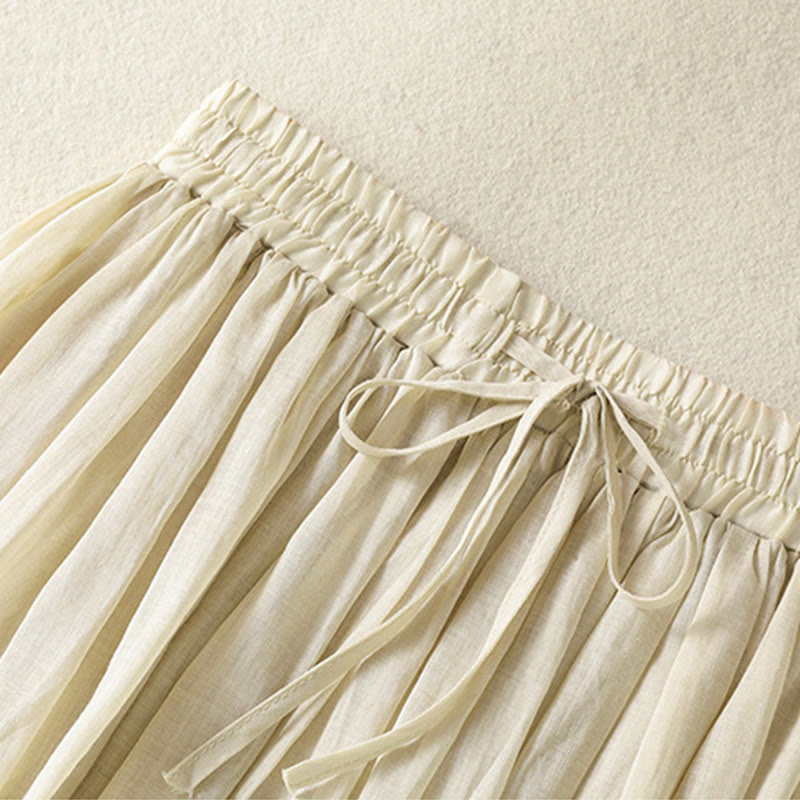 Buddha Stones Summer Plain Drawstring Lace Patchwork Design Women's Cotton Linen 7-8 Length Skirt