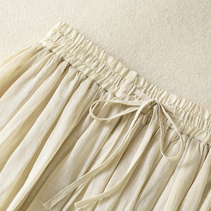 Buddha Stones Summer Plain Drawstring Lace Patchwork Design Women's Cotton Linen 7-8 Length Skirt