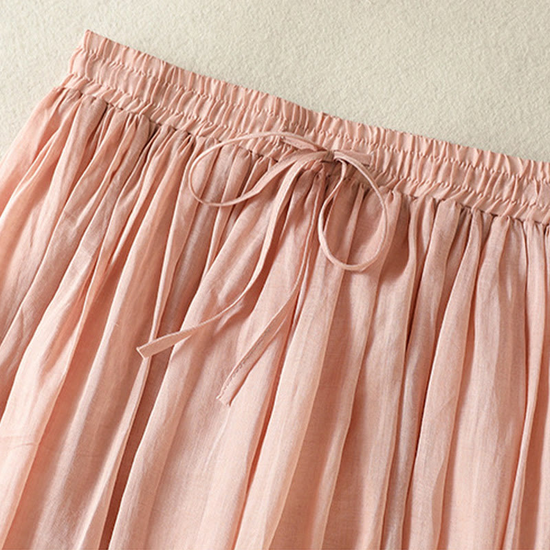 Buddha Stones Summer Plain Drawstring Lace Patchwork Design Women's Cotton Linen 7-8 Length Skirt