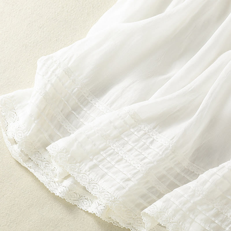 Buddha Stones Summer Plain Drawstring Lace Patchwork Design Women's Cotton Linen 7-8 Length Skirt
