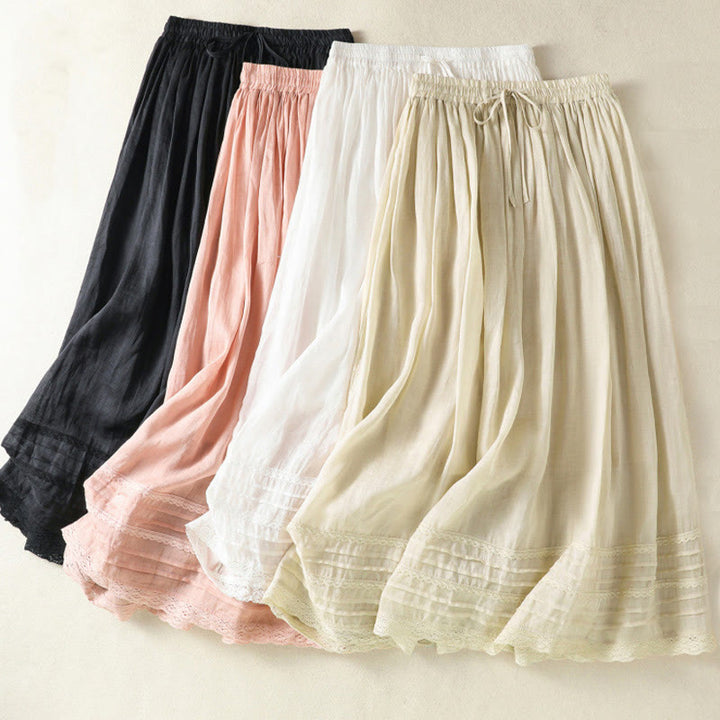 Buddha Stones Summer Plain Drawstring Lace Patchwork Design Women's Cotton Linen 7-8 Length Skirt