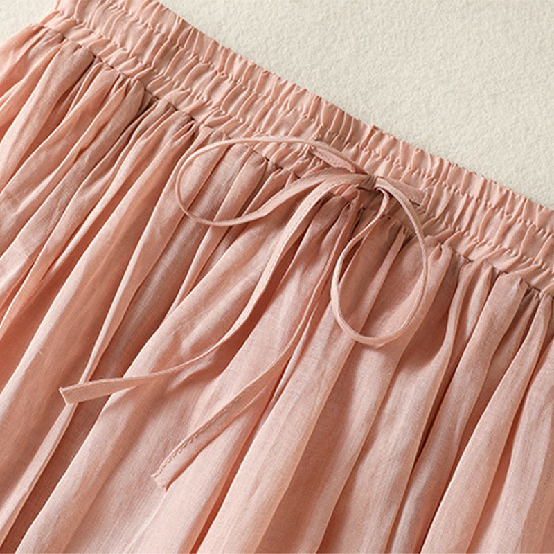 Buddha Stones Summer Plain Drawstring Lace Patchwork Design Women's Cotton Linen 7-8 Length Skirt