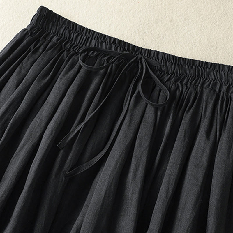 Buddha Stones Summer Plain Drawstring Lace Patchwork Design Women's Cotton Linen 7-8 Length Skirt