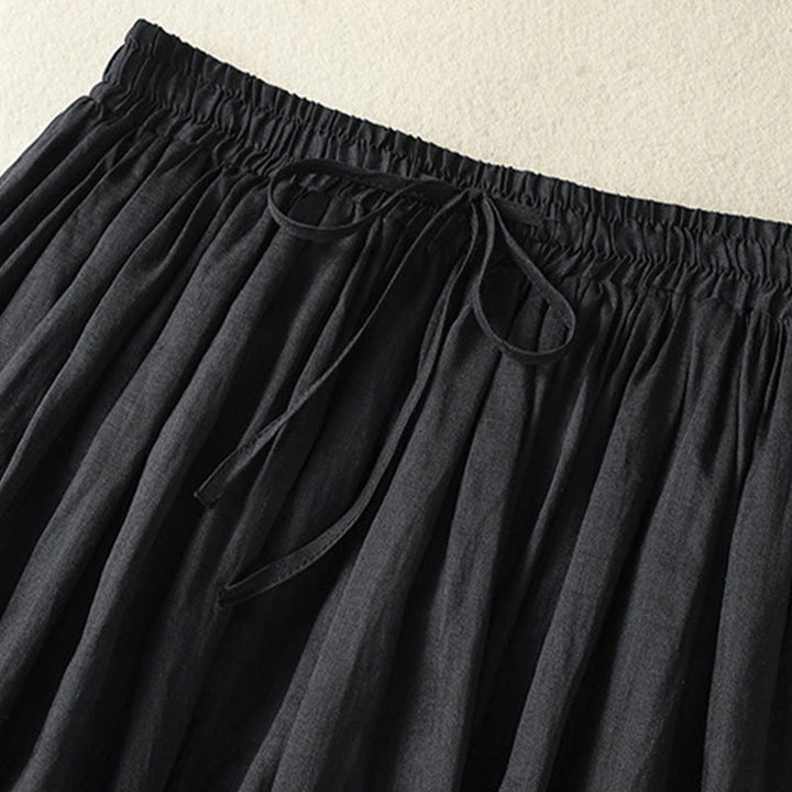 Buddha Stones Summer Plain Drawstring Lace Patchwork Design Women's Cotton Linen 7-8 Length Skirt