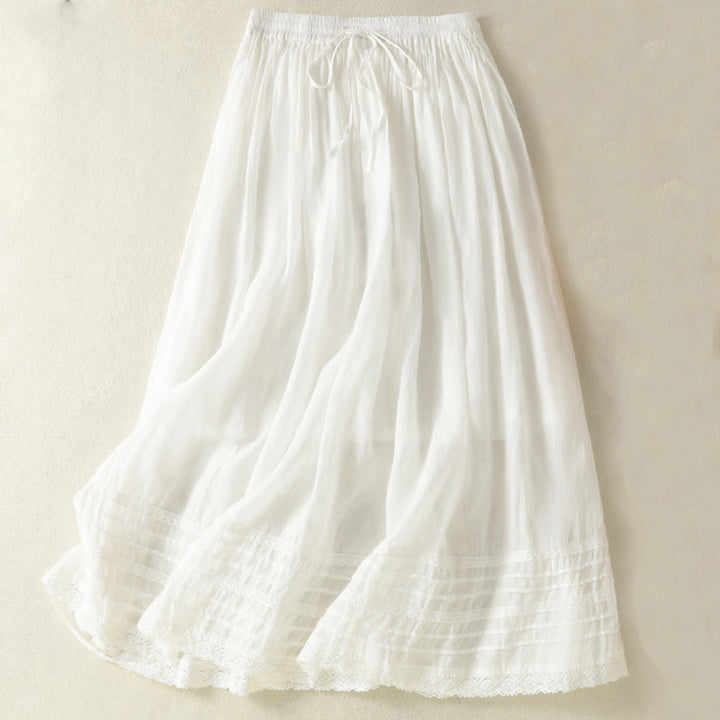 Buddha Stones Summer Plain Drawstring Lace Patchwork Design Women's Cotton Linen 7-8 Length Skirt