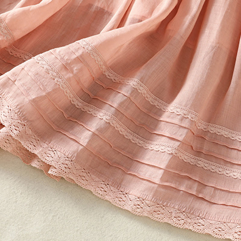 Buddha Stones Summer Plain Drawstring Lace Patchwork Design Women's Cotton Linen 7-8 Length Skirt
