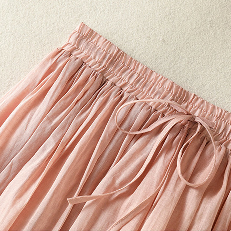 Buddha Stones Summer Plain Drawstring Lace Patchwork Design Women's Cotton Linen 7-8 Length Skirt