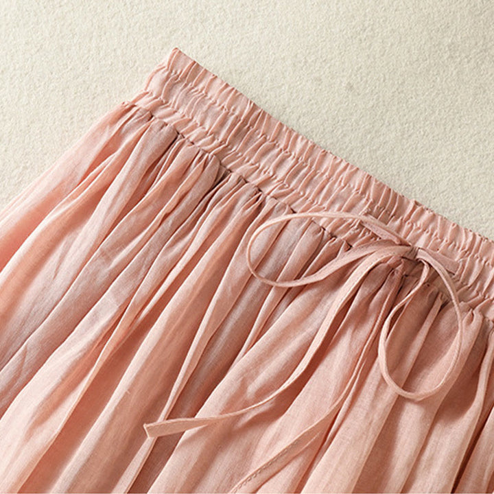 Buddha Stones Summer Plain Drawstring Lace Patchwork Design Women's Cotton Linen 7-8 Length Skirt