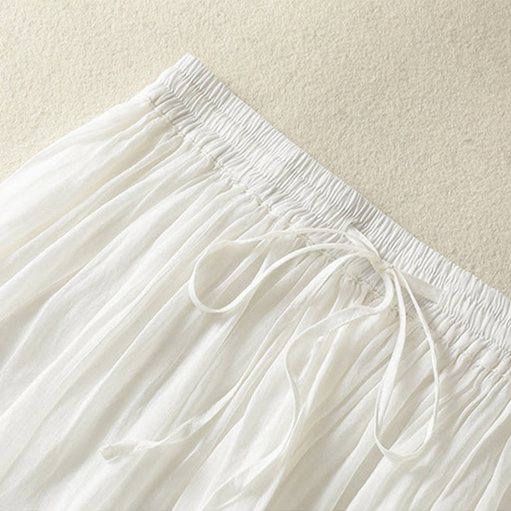 Buddha Stones Summer Plain Drawstring Lace Patchwork Design Women's Cotton Linen 7-8 Length Skirt