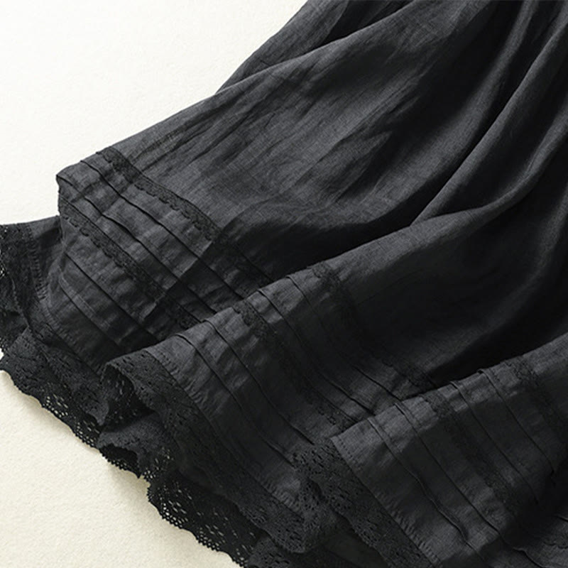 Buddha Stones Summer Plain Drawstring Lace Patchwork Design Women's Cotton Linen 7-8 Length Skirt