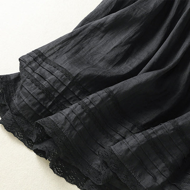 Buddha Stones Summer Plain Drawstring Lace Patchwork Design Women's Cotton Linen 7-8 Length Skirt