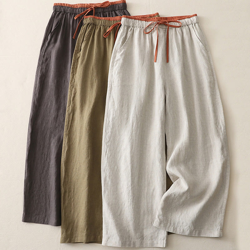Buddha Stones Casual Colorblock Drawstring Women's Cotton Wide Leg Pants With Pockets