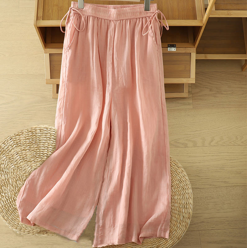 Buddha Stones Casual Plain Lined Ribbon Elastic Women's Polyester Wide Leg Pants With Pockets - LightPink - US8-10，UK/AU12-14，EU40-42 (2XL) - image 19