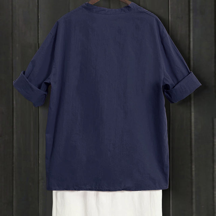 Buddha Stones Summer Casual Plain Breasted Notched Collar Short Sleeve Women's Cotton Linen Shirt - image 1