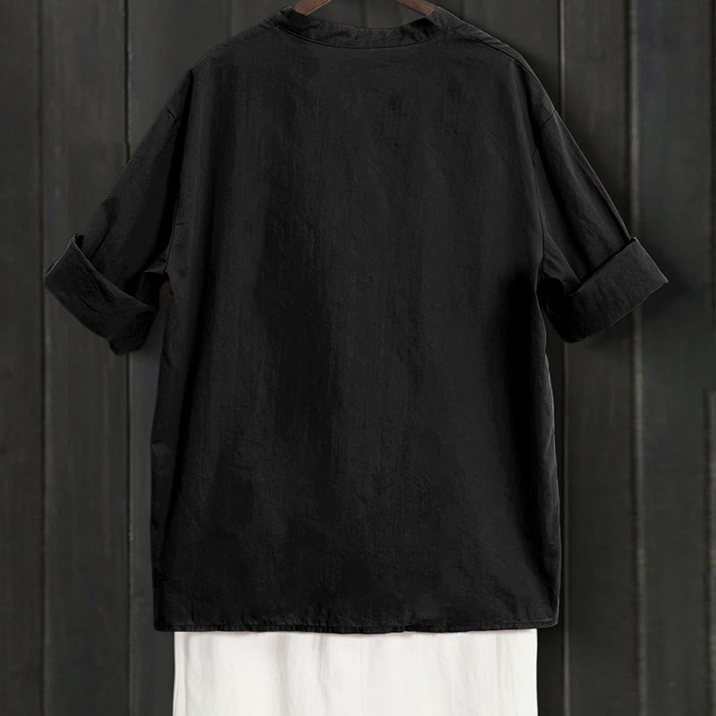 Buddha Stones Summer Casual Plain Breasted Notched Collar Short Sleeve Women's Cotton Linen Shirt
