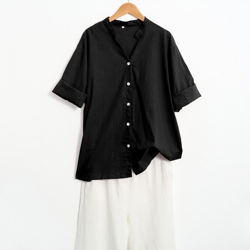 Buddha Stones Summer Casual Plain Breasted Notched Collar Short Sleeve Women's Cotton Linen Shirt - image 11