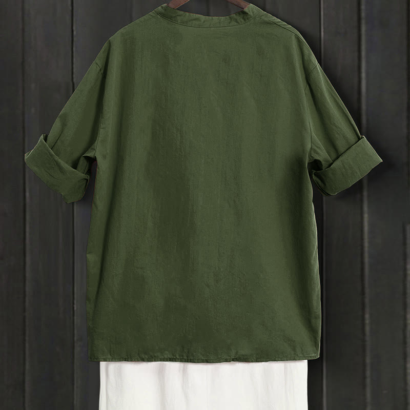 Buddha Stones Summer Casual Plain Breasted Notched Collar Short Sleeve Women's Cotton Linen Shirt