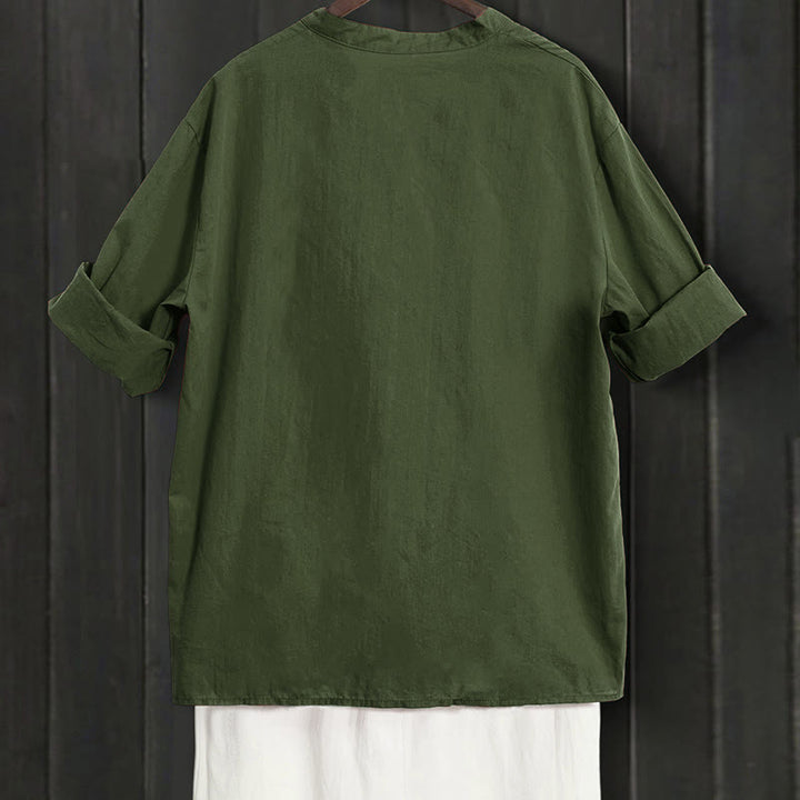 Buddha Stones Summer Casual Plain Breasted Notched Collar Short Sleeve Women's Cotton Linen Shirt
