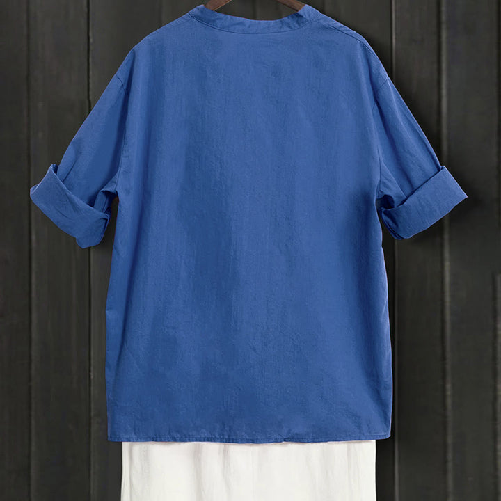 Buddha Stones Summer Casual Plain Breasted Notched Collar Short Sleeve Women's Cotton Linen Shirt