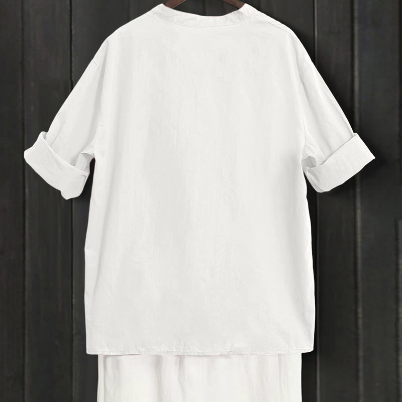 Buddha Stones Summer Casual Plain Breasted Notched Collar Short Sleeve Women's Cotton Linen Shirt